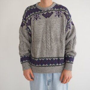 VTG London Fog Gray Nordic Snowflake Pattern Cable Knit Sweater Wool Blend XL